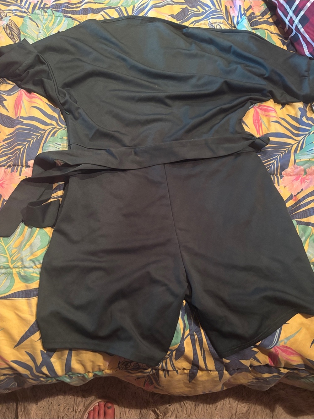 Green Short Sleeve Romper with Waist Tie